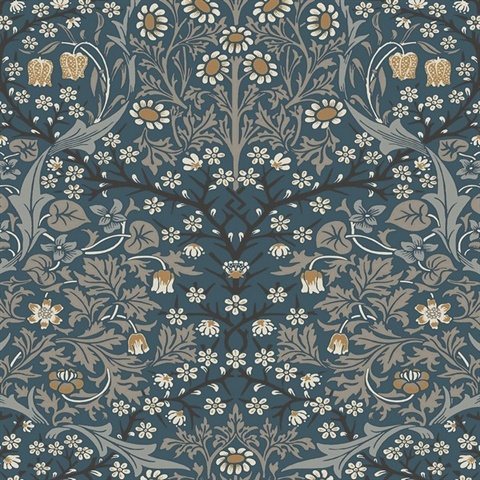 Victorian Garden Floral Aegean Blue & Warm Stone Peel and Stick Wallpa