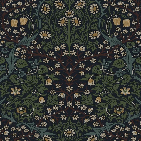 Victorian Garden Floral Midnight Blue & Evergreen Peel and Stick Wallp