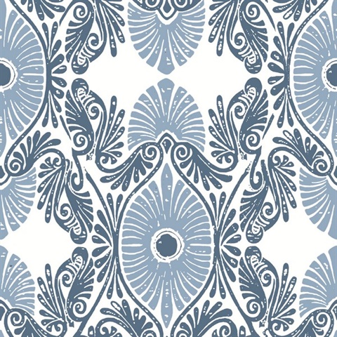 Villa Blue Embellished Ogee Wallpaper