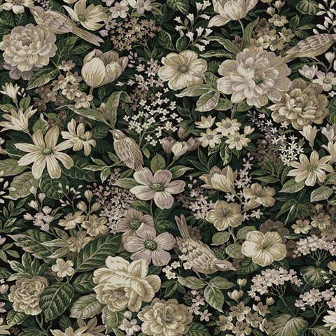 Vintage Bird Garden Botanical Green & Mauve Peel and Stick Wallpaper