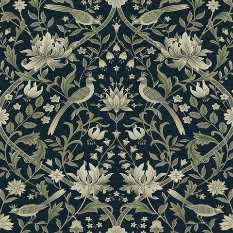 Vintage Bird Ogee Botanical Blue & Sage Peel and Stick Wallpaper