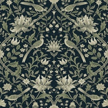 Vintage Bird Ogee Botanical Blue & Sage Peel and Stick Wallpaper
