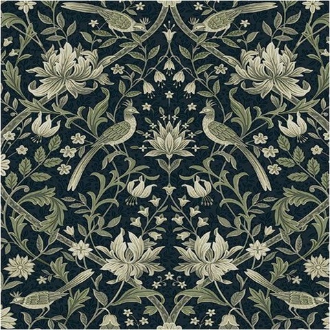 Vintage Bird Ogee Botanical Blue & Sage Peel and Stick Wallpaper