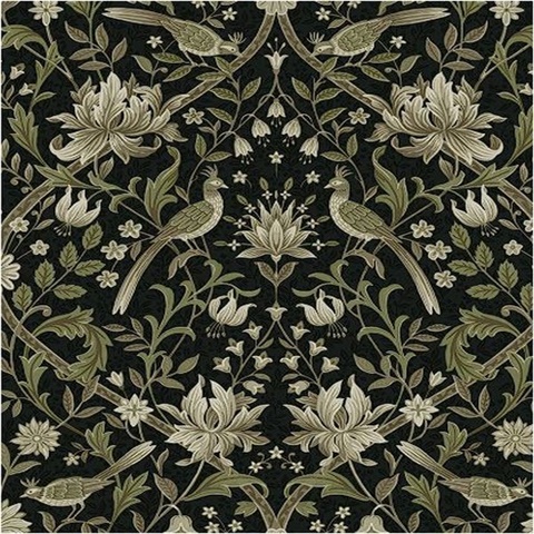 Vintage Bird Ogee Botanical Ebony & Rosemary Peel and Stick Wallpaper