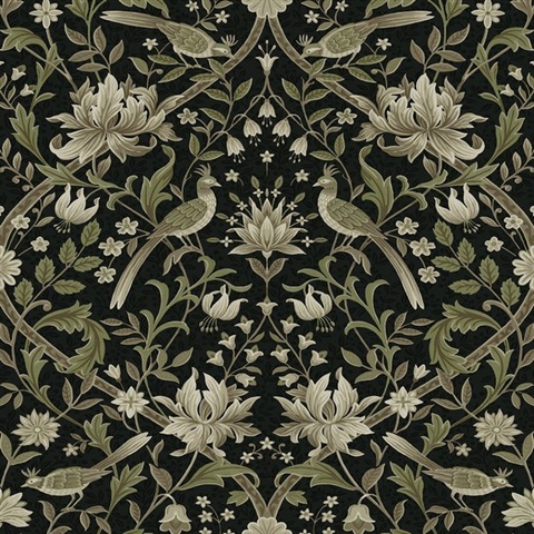 Vintage Bird Ogee Botanical Ebony & Rosemary Peel and Stick Wallpaper