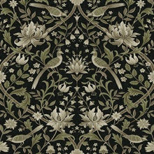 Vintage Bird Ogee Botanical Ebony & Rosemary Peel and Stick Wallpaper