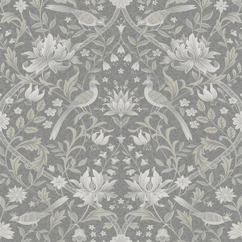 Vintage Bird Ogee Botanical Grey Peel and Stick Wallpaper