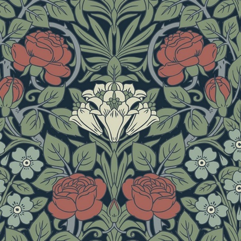 Vintage Rose Floral Midnight Blue & Sage Peel and Stick Wallpaper