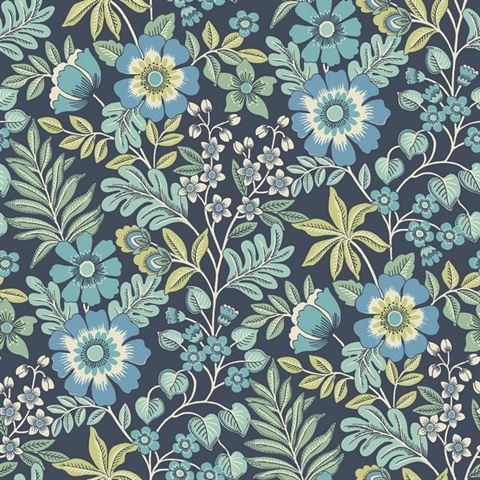 Voysey Navy Blue Scandinavian Floral Wallpaper
