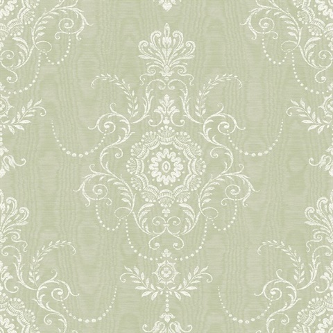 Washed Green Ikat Floral Damask Colette Cameo Wallpaper