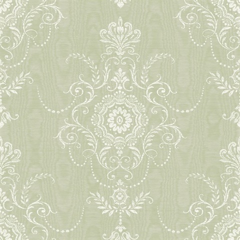 Washed Green Ikat Floral Damask Colette Cameo Wallpaper