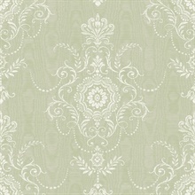 Washed Green Ikat Floral Damask Colette Cameo Wallpaper