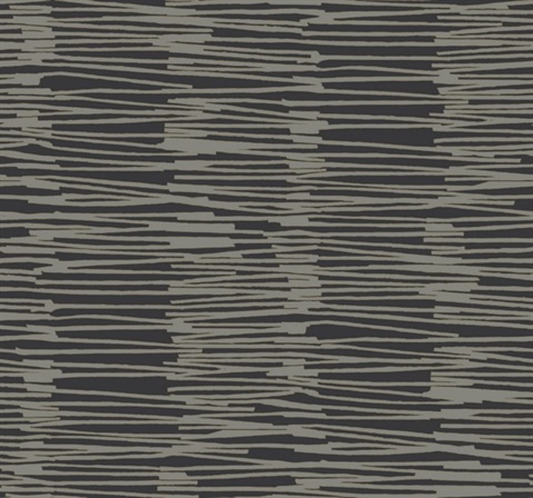 Water Reed Thatch Black & Gold Textured Stripes Wallpaper