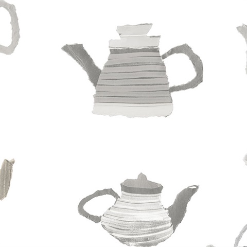 Watercolor Beige & Grey Teapots Wallpaper
