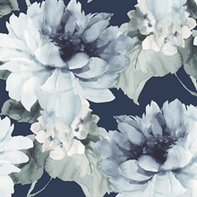 Watercolor Floral Floral Navy Blue & Slate Green Peel and Stick Wallpa