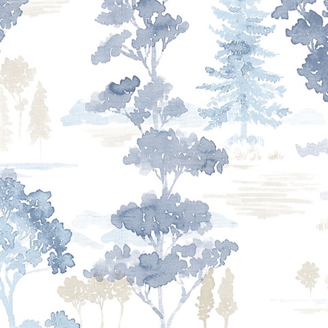Watercolor Forest Blue & Beige Wallpaper