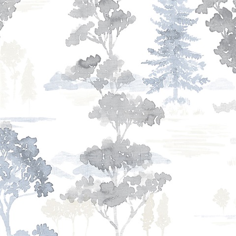 Watercolor Forest Blue, Grey & Beige Wallpaper