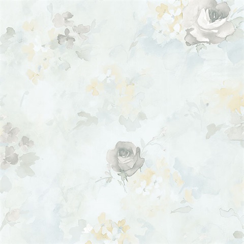 Watercolor Roses Blue, Grey & Yellow Wallpaper