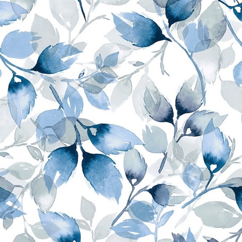 Watercolor Tossed Leaves Botanical Blue Lagoon Peel and Stick Wallpape