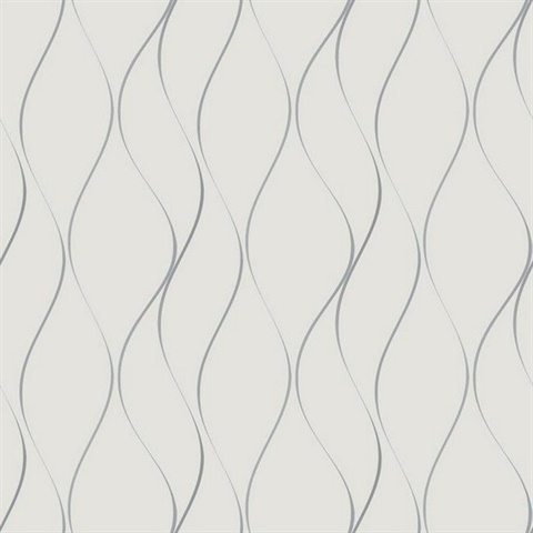 White & Silver Wavy Stripe Vertical Ribbon Wallpaper