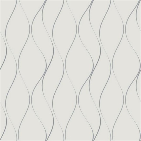 White & Silver Wavy Stripe Vertical Ribbon Wallpaper