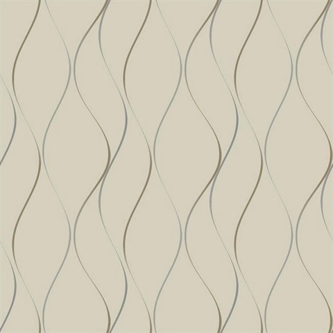 Beige, Silver & Gold Wavy Stripe Vertical Ribbon Wallpaper