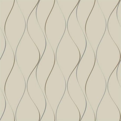 Beige, Silver & Gold Wavy Stripe Vertical Ribbon Wallpaper