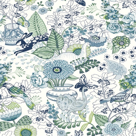 Whimsy Blue Fauna Wallpaper