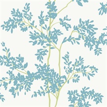White &amp; Aqua Lunaria Leaf &amp; Branches Wallpaper