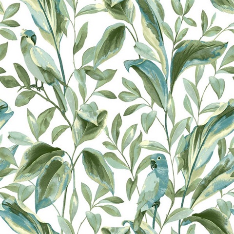 White & Aqua Tropical Love Birds & Leaves Wallpaper