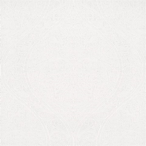 White Art Nouveau Large Scale Glitter Paisley Ogee Wallpaper