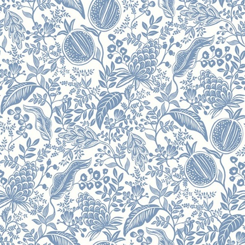 White & Baby Blue Pomegranate Tropical Foliage Wallpaper