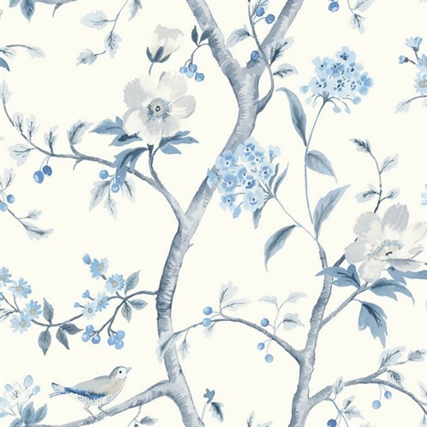 LN11102 | White & Baby Blue Southport Bird On Branches Floral Trail  Wallpaper