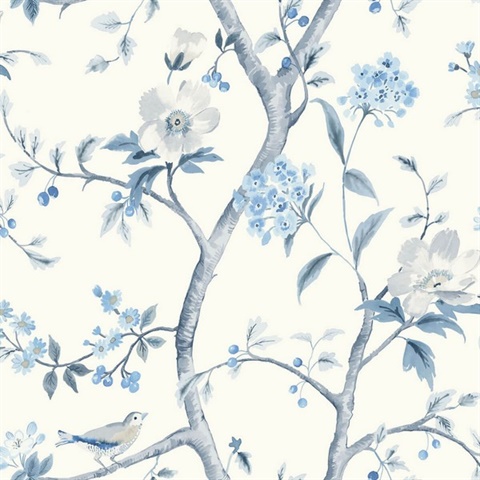 White & Baby Blue Southport Bird On Branches Floral Trail Wallpaper