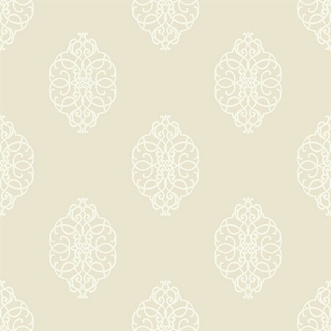 White & Beige Commercial Ironwork Medallion Wallpaper