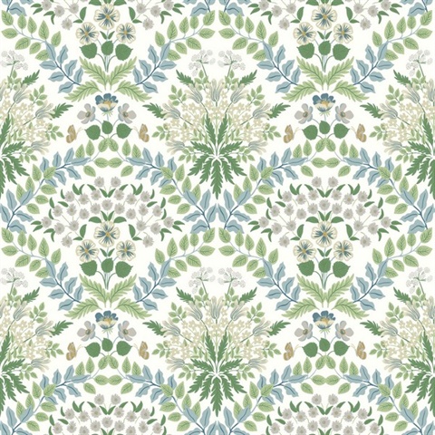 White & Blue Bramble Abtract Floral Leaf Wallpaper