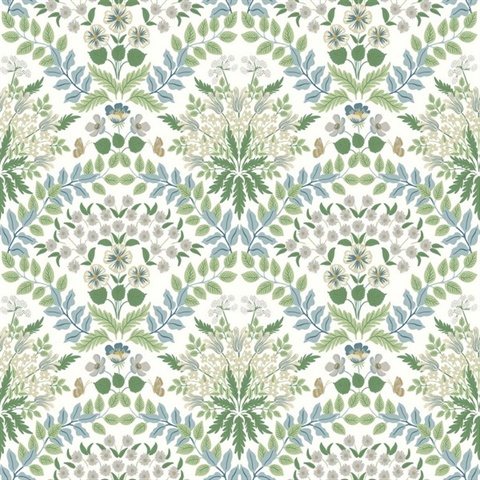 White & Blue Bramble Abtract Floral Leaf Wallpaper
