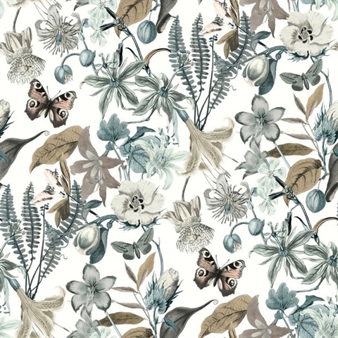 White & Blue Butterflies with Floral & Leaf Wallpaper