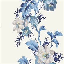 White & Blue Commercial Flower Stripe Wallpaper