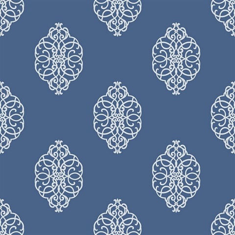 White & Blue Commercial Ironwork Medallion Wallpaper