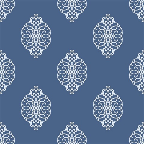 White & Blue Commercial Ironwork Medallion Wallpaper