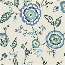 White &amp; Blue Dahlia Blooms Paisley Wallpaper