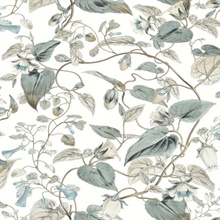 White & Blue Drawn Moon Flower & Leaf Wallpaper