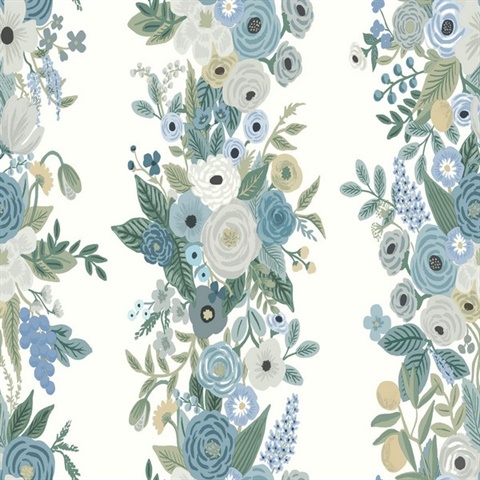 White & Blue Garden Party Vertical Trellis Stripe Wallpaper