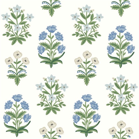 White & Blue Mughal Rose Floral Block Print Wallpaper