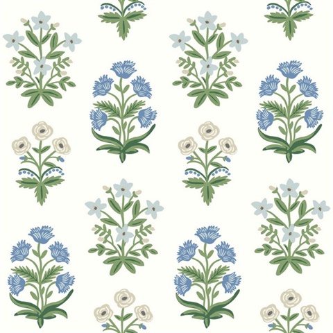 White & Blue Mughal Rose Floral Block Print Wallpaper