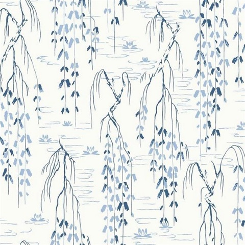 White & Blue Willow Branches Wallpaper
