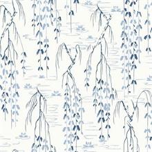 White &amp; Blue Willow Branches Wallpaper