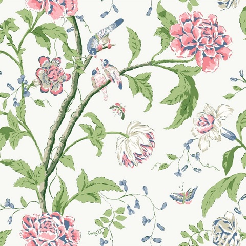 White & Blush Screenprint & Painted Floral & Leaf Wallpaper