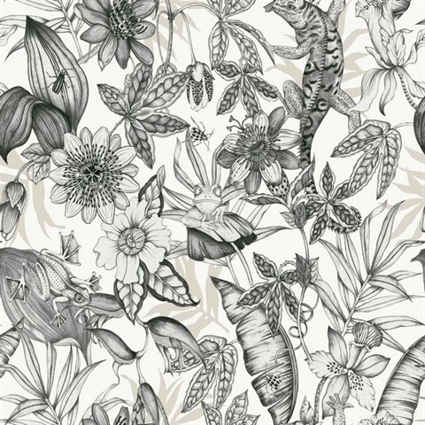 White & Charcoal Sketched Rainforst with Floral & Leaf Wallpaper